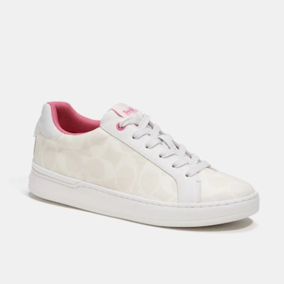 Coach Clip Low Top Sneaker In Signature Canvas in Optic White Petunia Size 10 - Picture 3 of 13